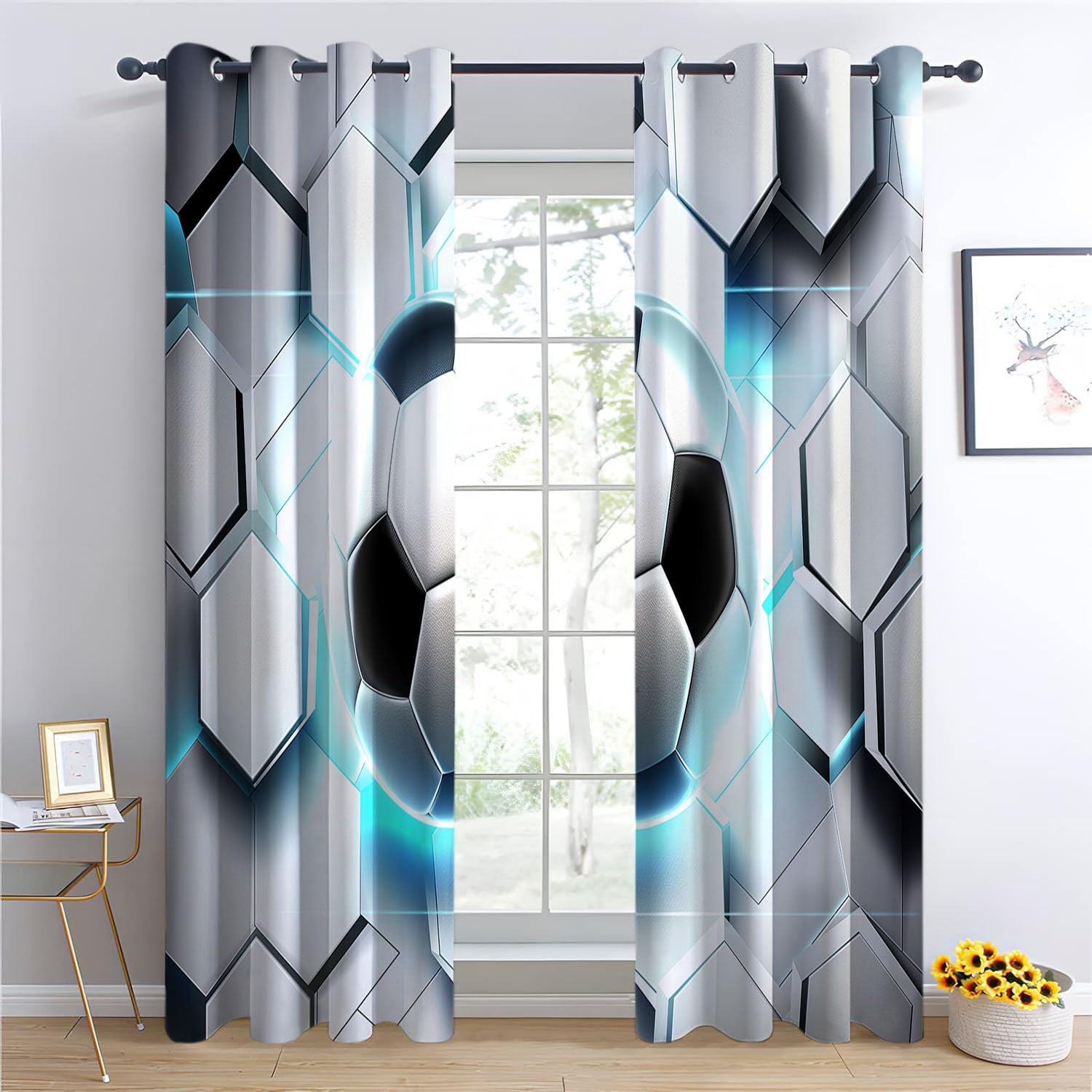 Lot de Rideaux Occultants à Oeillets Isolant Thermique Anti Froid Ballon de Foot Hexagonal animé Imprimés Blanc, Rideaux Salon Chambre pour Enfant Garcon, 110L X 215H cm (2 Panneaux)