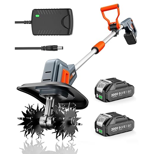 Cordless Tiller Cultivator for Gardening, 360 RPM Electric Garden Rototiller with 48 Steel Tines, 9 Inch Tilling Width & 7 Inch Depth, 21V Battery Powered Small Tiller for Soil/Cultivating/Lawn/Garden