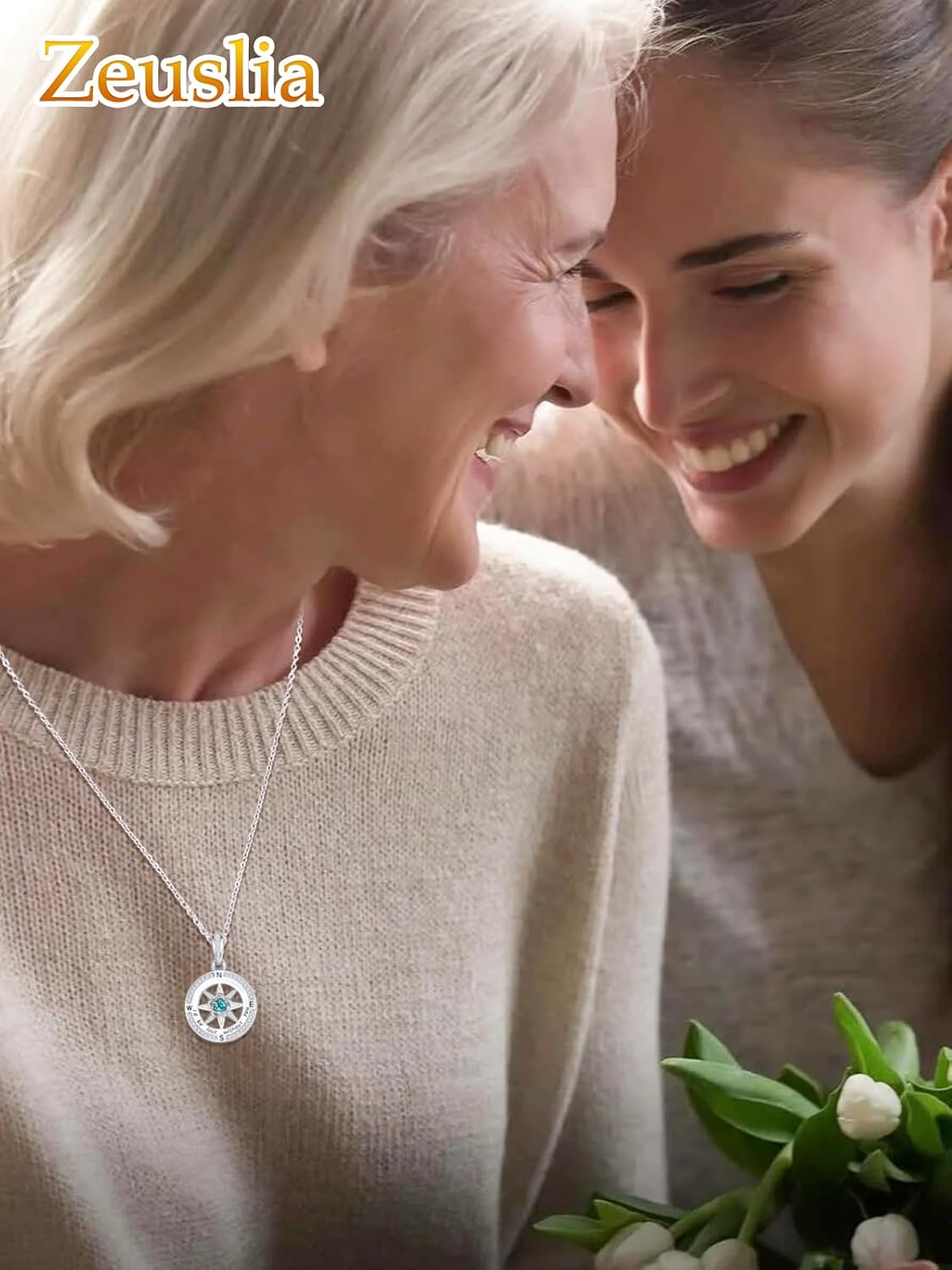 Compass Necklace for Her, White Gold I'd Be Lost Without You Compass Jewelry Travel Gift, Girlfriend Wife Daughter Mom Birthday Gifts with Birthstone Pendant