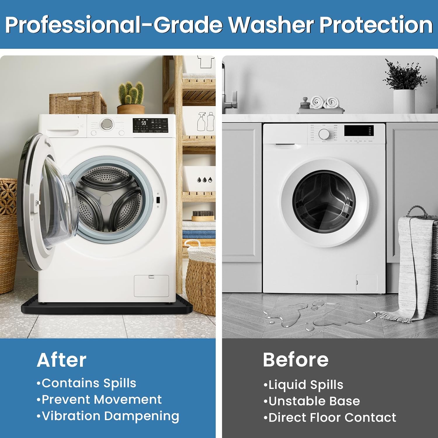 Large Thickened Washing Machine Mat 30" x 28" Silicone Under Washer and Dryer Drain Pan Drip Tray Floor Protector Non-Slip Flexible Soft Mat Waterproof Raised Edge 0.98'' Black