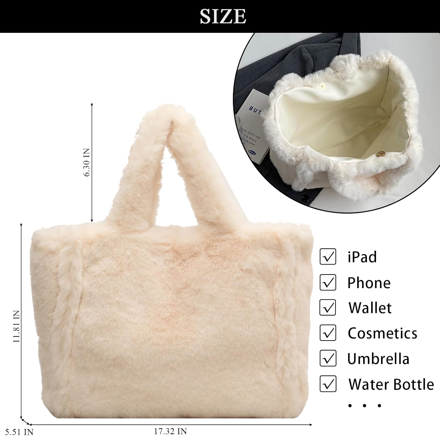 Fluffy Tote Bag Large Fur Purses for Women Winter Fuzzy Totes Furry Shoulder Handbag Plush Bags | Fluffy, Large, Fur, Winter, Fuzzy, Totes - Image 4
