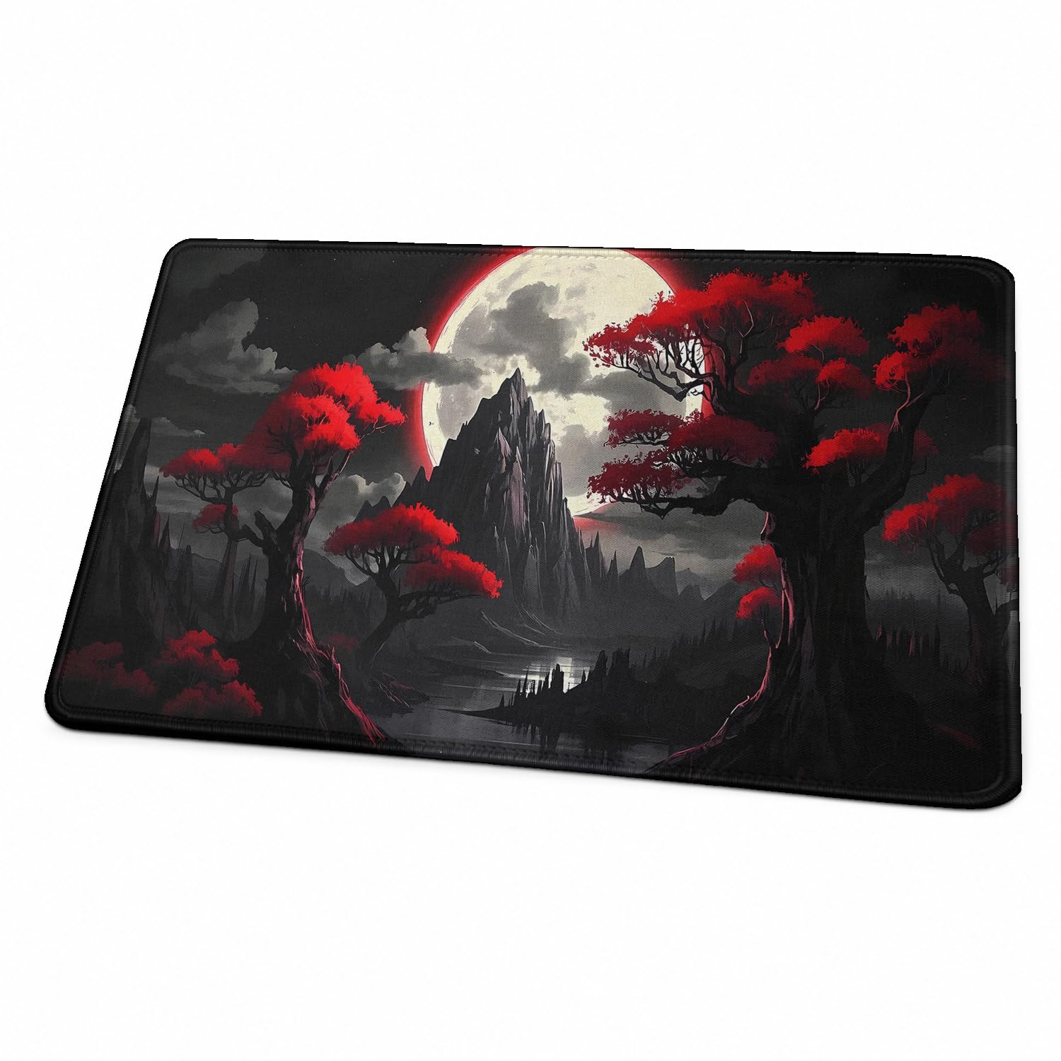 MTG Playmat, TCG Playmat with Zones, Stitched Edges Non-slip Rubber Base Game Mat, Trading Card Game Playmats Size 24" x 14" with Storage Bag (Red Flower No Zones)