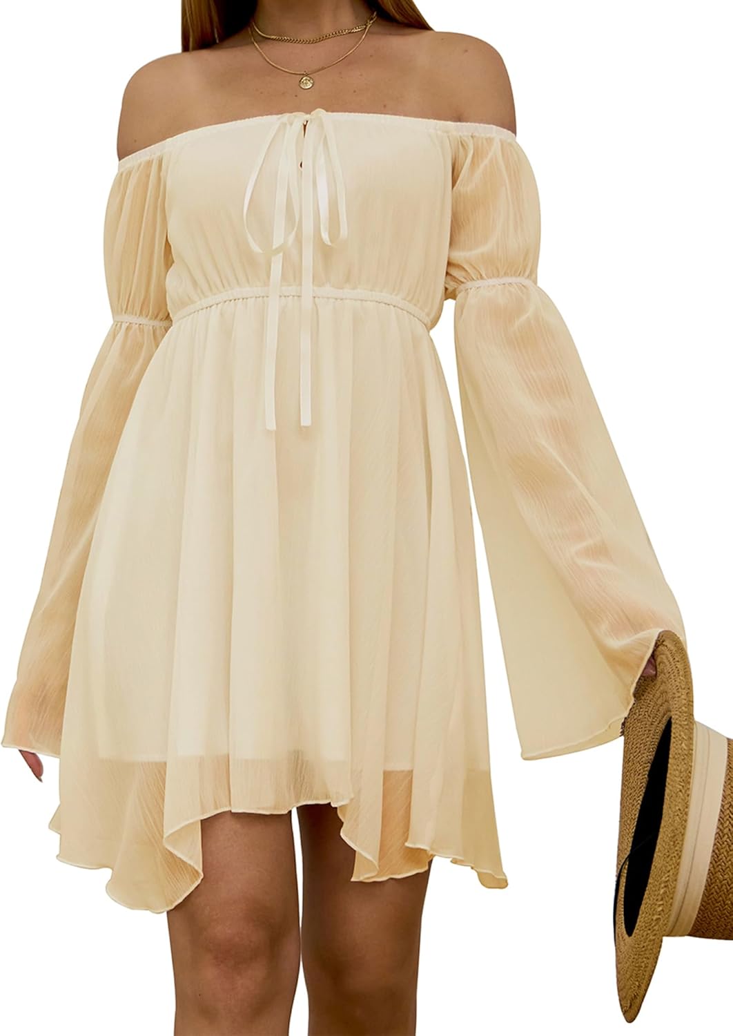 Womens Off Shoulder Dress Bell Sleeve Lace-Up Elastic Waist Chiffon Flowy Casual Party Irregular Mini Dresses