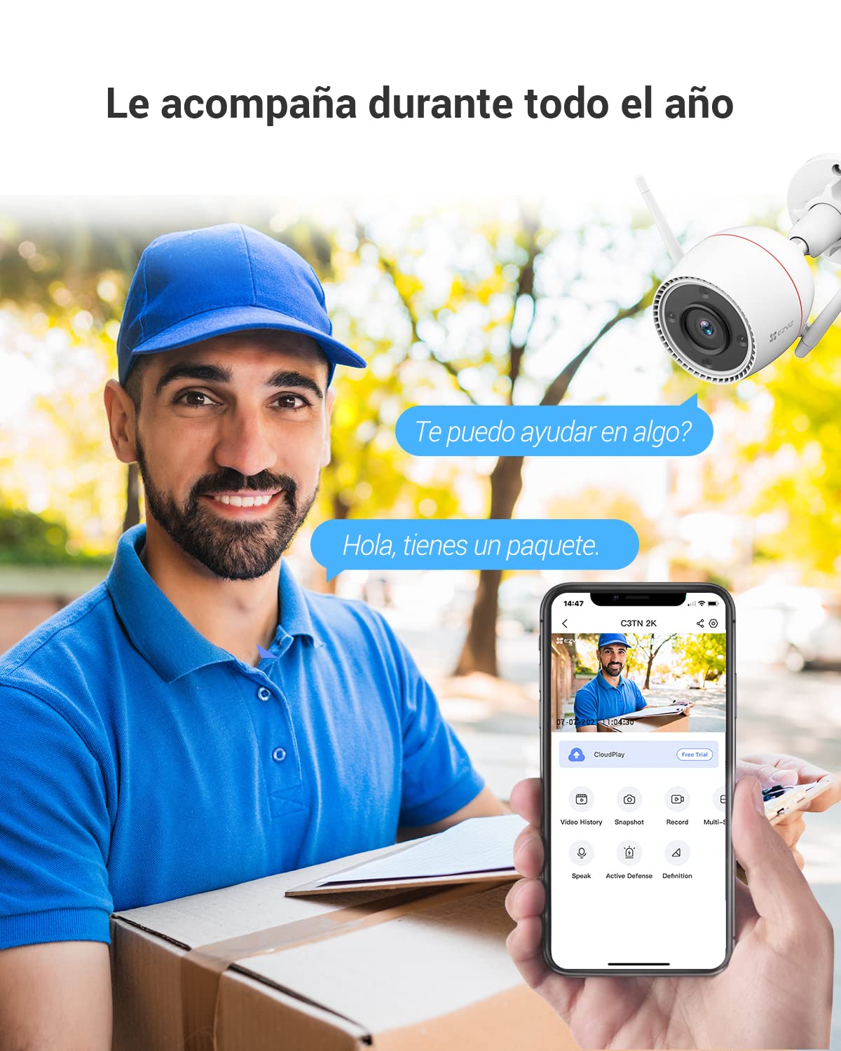 EZVIZ Camara Vigilancia WiFi Exterior,2K, IP de Seguridad,Visión Nocturna Colorida,Defensa Activa con Luz y Sirena,AI Detección de Personas,Audio Bidireccional,IP67,Compatible con Alexa,C3TN 3MP