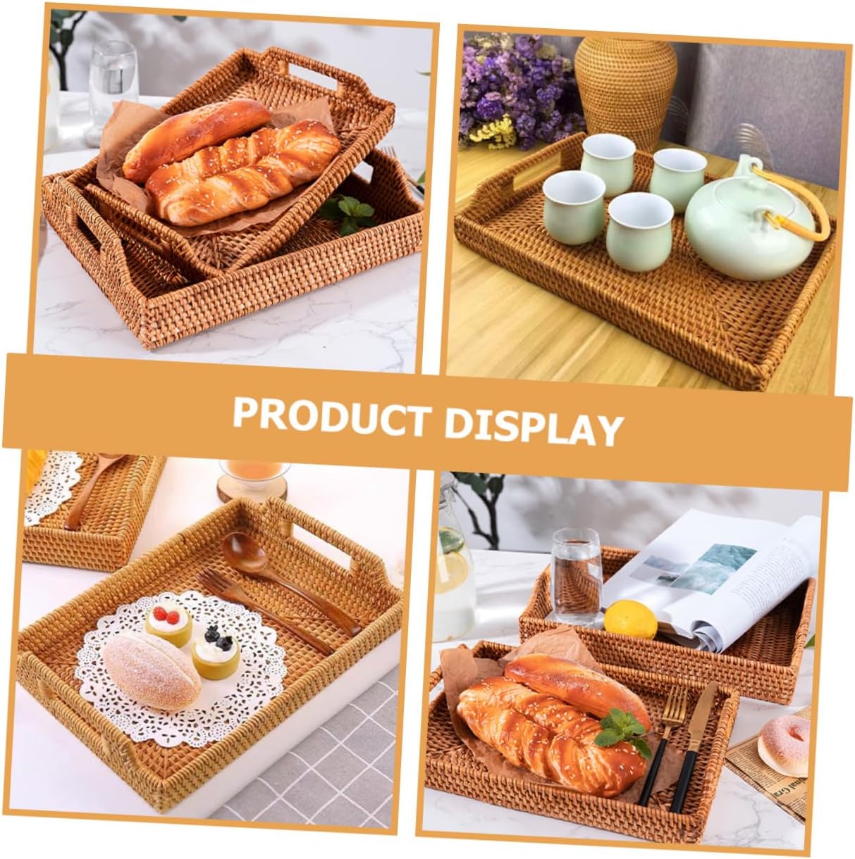 Woven Bread Basket Serving Tray Multipurpose Rattan Storage Organizer for Snacks Fruits Dessert Home Hotel Office Use