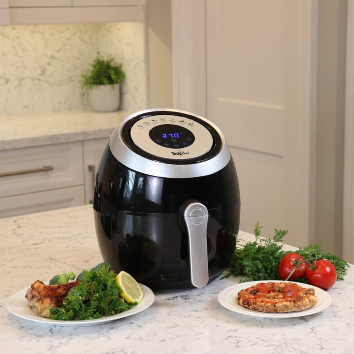 Koolatron Total Chef Large Electric Air Fryer Oven 3.8QT/3.6L, Digital Touchscreen Controls, 7 Smart Cooking Presets, Adjustable Temperature and Timer, Non-Stick Basket, Quick and Easy Meals, Black and Silver, Small