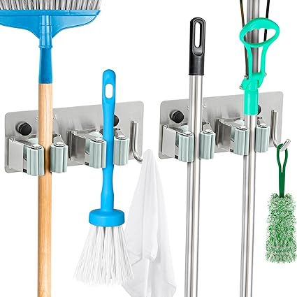 Compact Stainless Steel Broom Holder Wall Mount | Space-Saving Garage Storage | Garden Tool Organizer with Hooks for Kitchen, Laundry, and Garage | Easy Install, Perfect for Small Spaces (Silver-2Pcs)