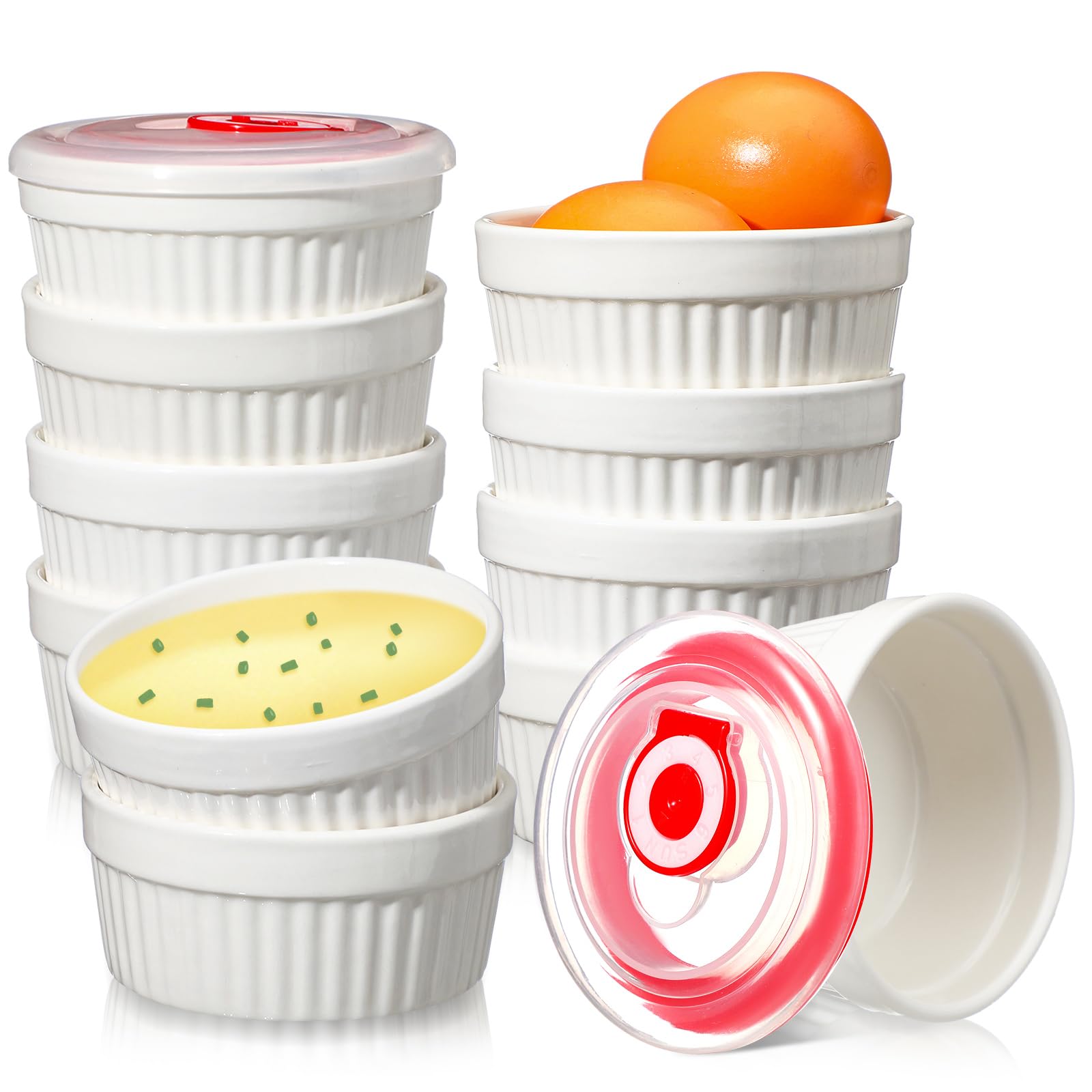 Paquete de 12 ramequines blancos de 6 onzas con tapas, porcelana apta | Cuencos de cerámica para crema brulee, natillas, pudín, platos blancos apilables, aptos para lavavajillas, para hornear