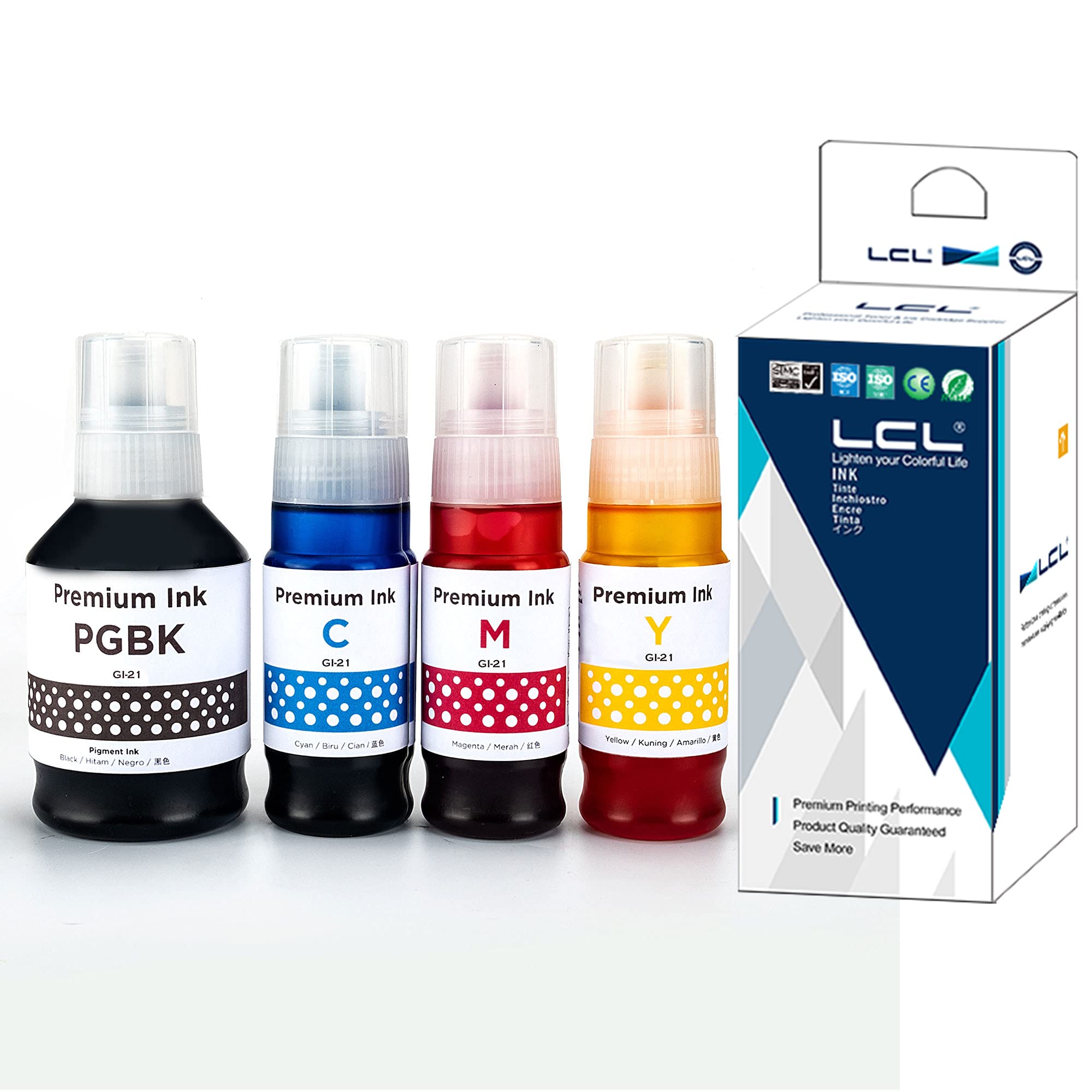 LCL Compatible GI-21 G3260 G3270 Ink Bottles Replacement for Canon 21 GI-21 GI21 Ink Refill Bottles for Canon G3260 G3270 G2260 G1220 G1230 G2270 MegaTank Printers (Black 170ML, CMY 70ML, 4-Pack)