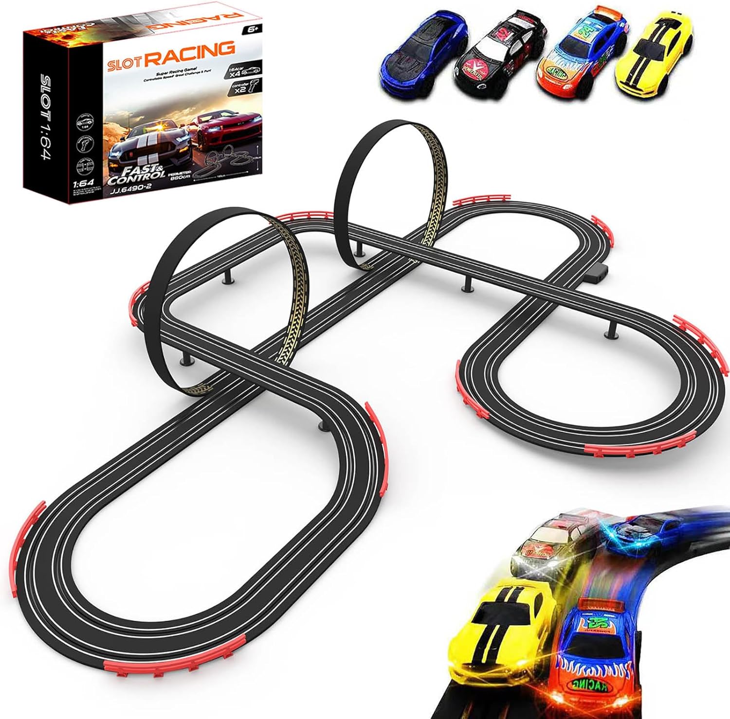 Slot Racing Car Track 28Ft Electric Powered Set with 4 High Speed Cars and 2 Hand Controllers for Kids Ages 6-8
