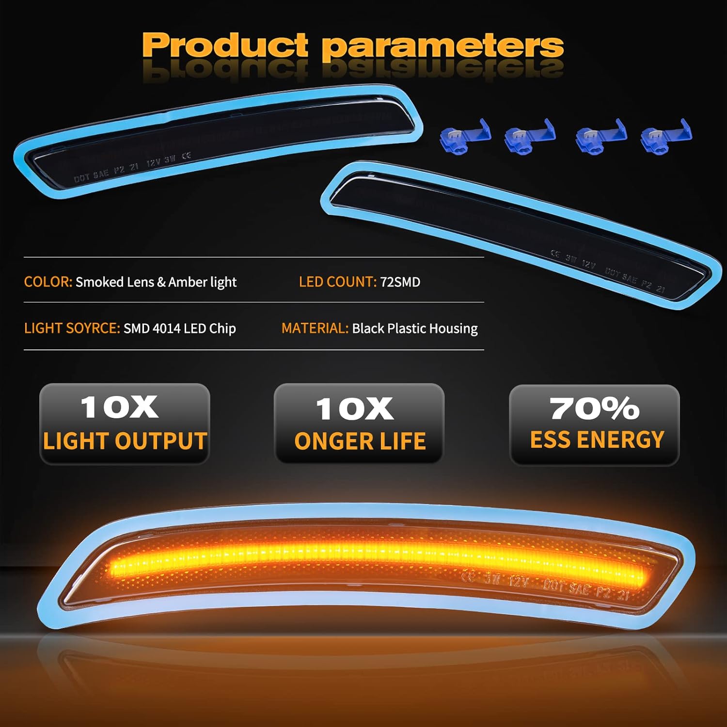 POPMOTORZ Led Front Fender Side Marker Lights with 72 SMD LED chips Replacement ForT-oyota Supra 2020 2021, Amber Smoke Lens Front Bumper Day Running Light Parking Lamps - 2 Pack