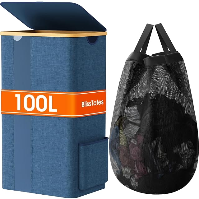 SpaceTrove Laundry Basket Clothes Hamper with Lid and Pocket Large Collapsible Laundry Baskets with Handle Freestanding Hampers for