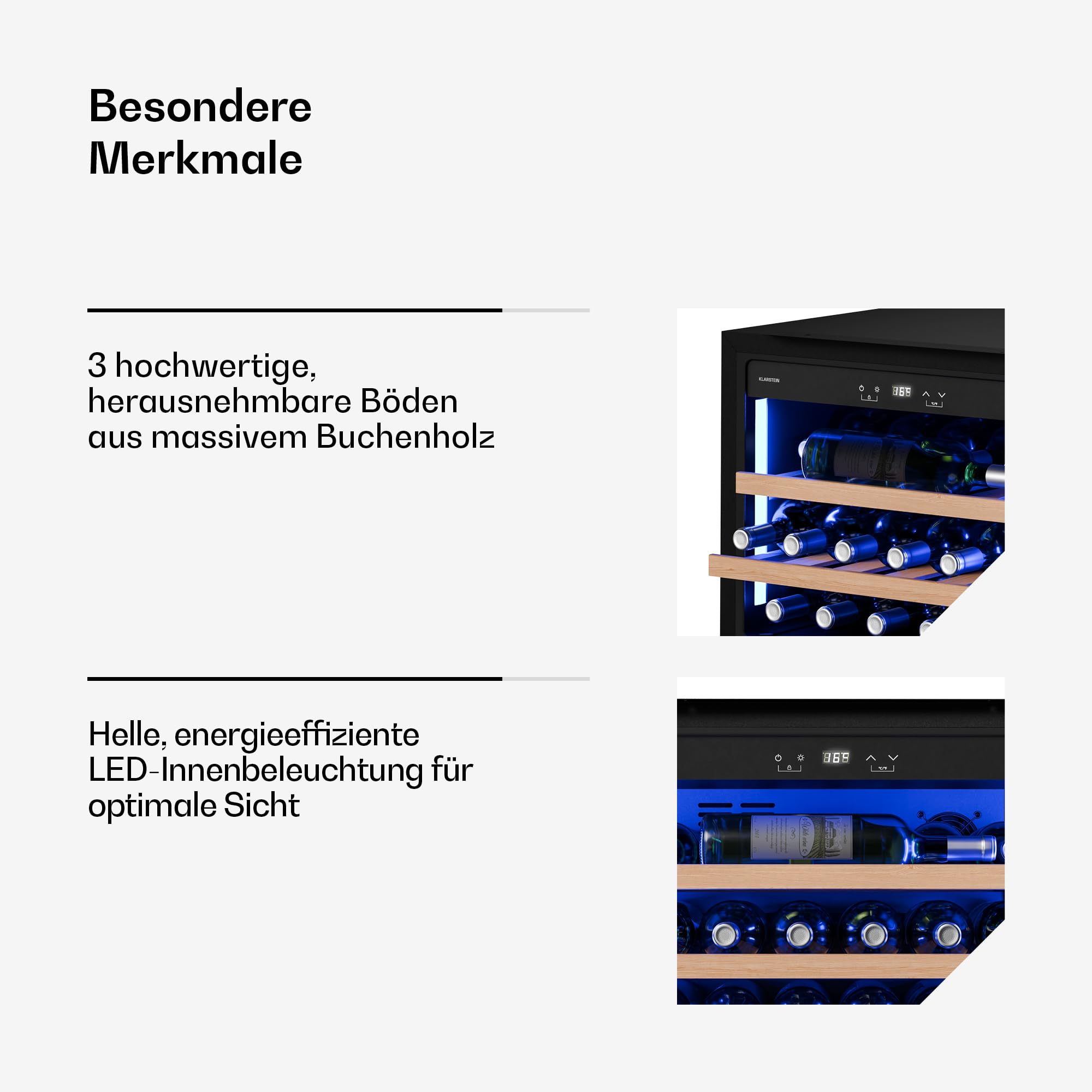 Klarstein Illuminosa Weinkühlschrank Einbau - 19 Flaschen, 1 Zone, 5-20°C, Touch, LED, UV-Schutz, leise, Buchenholzregale, Einbau-Weinkühlschrank