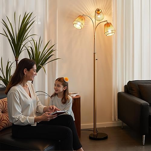 Miniatura 6 de Lámpara de pie de ratán dorado para sala de estar, lámpara de pie bohemia de 72 pulgadas de alto con interruptor giratorio, lámpara de arco de 3