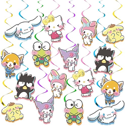 Juego de 16 espirales colgantes kawaii, lindas decoraciones de fiesta de cumpleaños, suministros de fiesta de anime kawaii