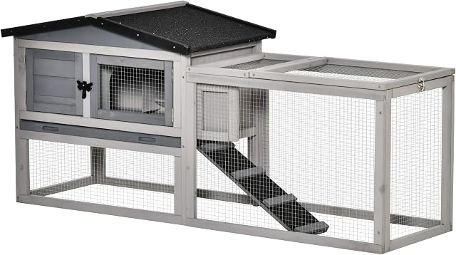 PawHut 2 Level Rabbit Hutch Outdoor, Wooden Bunny Guinea Pig Hutch with Outdoor Run Water Resistant Roof Pull out Tray Ramp 150 x 52.5 x 68 cm, Grey