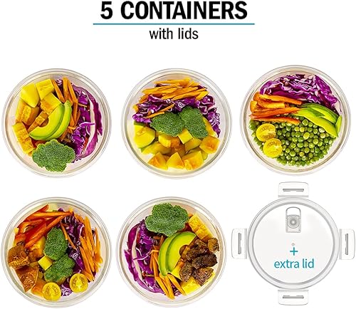 Vista 2 de Igluu Meal Prep Recipientes redondos de vidrio con tapas de ventilación (paquete de 5 + tapa extra), herméticos y sin BPA, aptos para horno