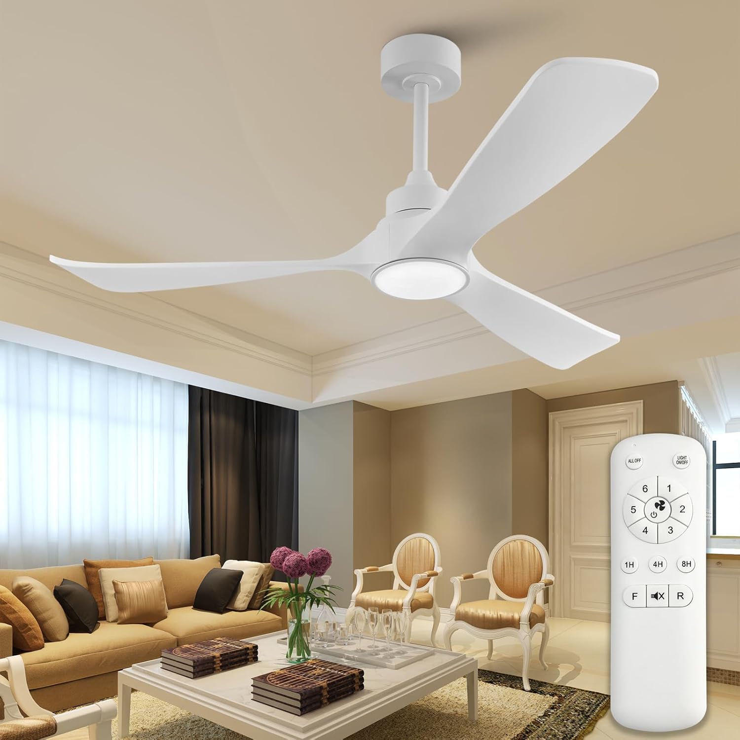 52 Inch White Ceiling Fans with Lights and Remote,Memory Function,Quiet Reversible DC Motor,3 ABS Blades,Modern Indoor Outdoor Ceiling Fan with Light for Bedroom Patios Living Room Dinning Room