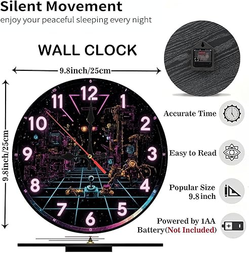 Miniatura 3 de Lancholy 10-Inch Silent Wooden Wall Clock, Retro Cyberpunk Clock Face Gaming  Silent Non-Ticking Clock, Battery Operated (AA Batteries Not