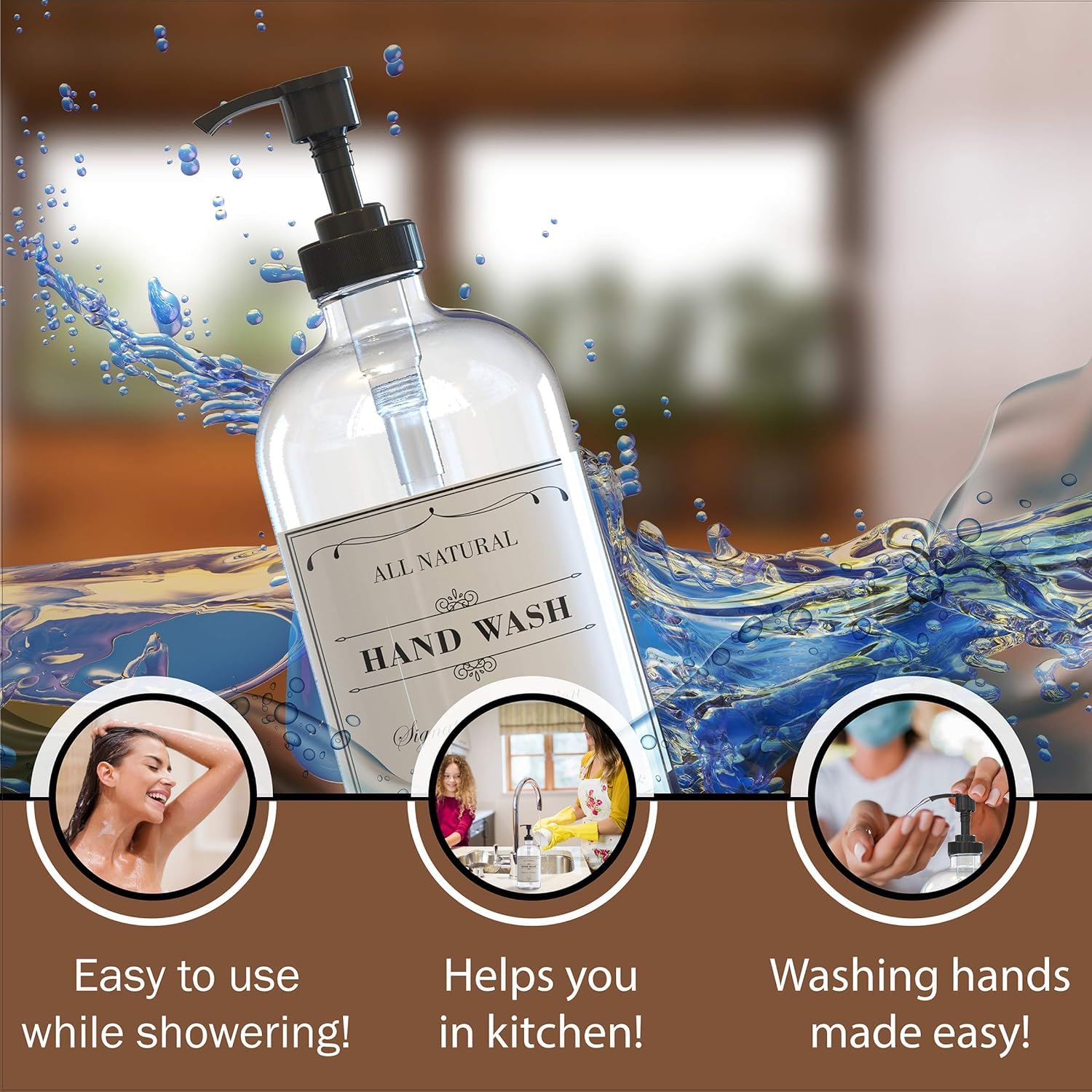 Sunrise Premium CGPP4 - Dispenser di sapone in vetro trasparente con pompa in plastica, dispenser per sapone per mani e piatti, per bagno, con 4 etichette impermeabili, confezione da 4