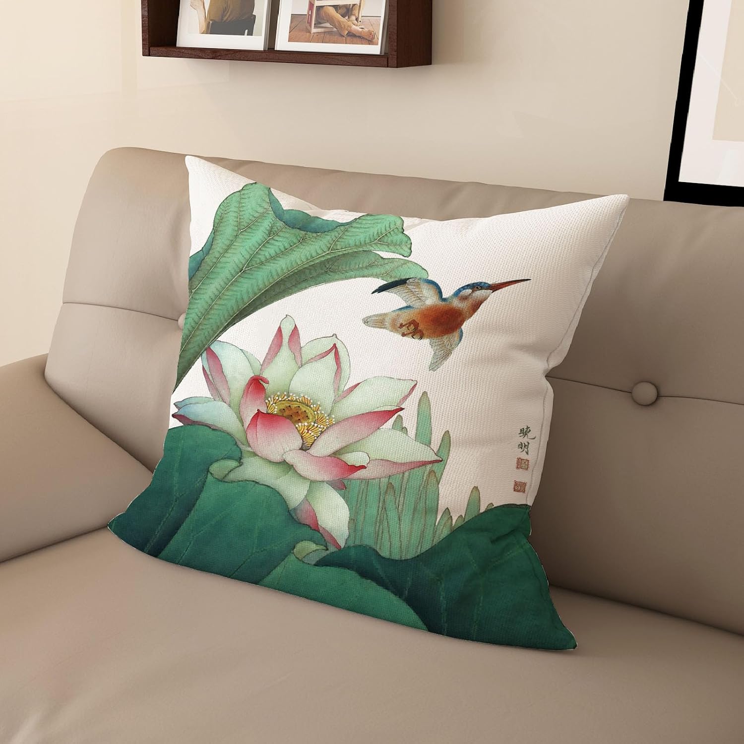 Chinese Zen Lotus Digital Printed Pillow Cover Double-Sided Design for Sofa, Living Room, Bedroom Decoration(24 * 24inch,HH2L-B)
