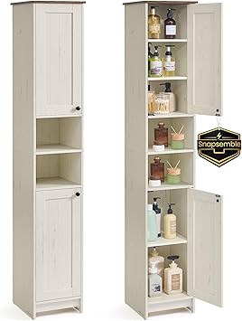 SONGMICS HOME 67-Inch Tall Bathroom Storage Cabinet, Superfast Toolless Assembly, 11.8-Inch Wide Slim Narrow Freestanding Cabinet with Adjustable Shelves, Kitchen Living Room, Rustic White