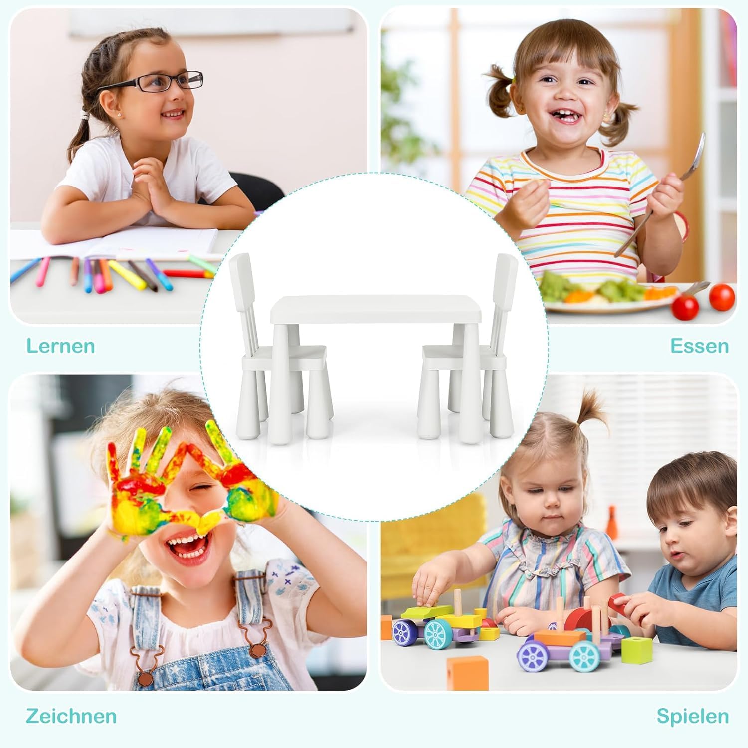3-Piece Children's Seat Set, Plastic Table with 2 Chairs, Children's Furniture Set of 3 in White