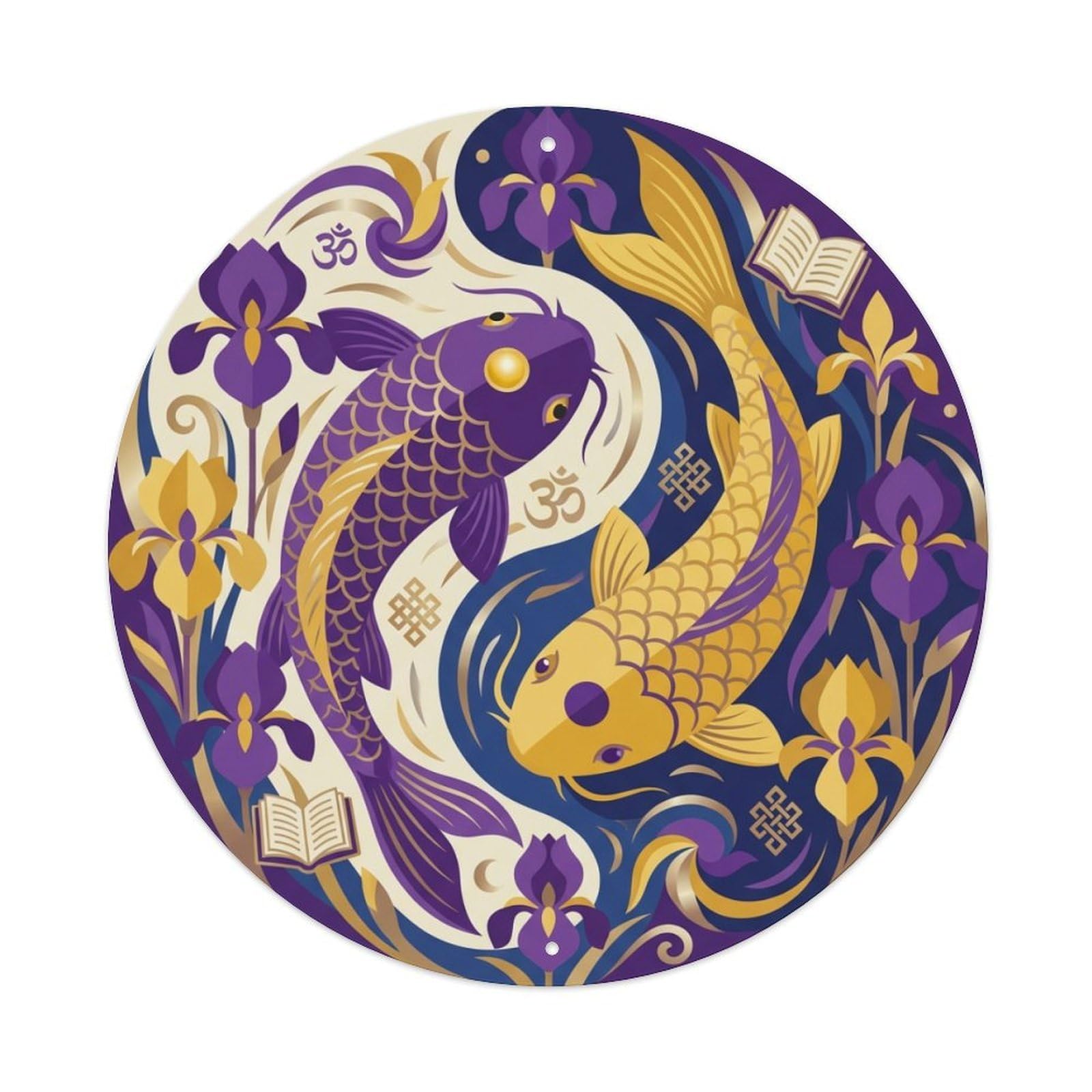 Metal Tin Sign Tai Chi Koi Fish Iris Flower Zen Art
