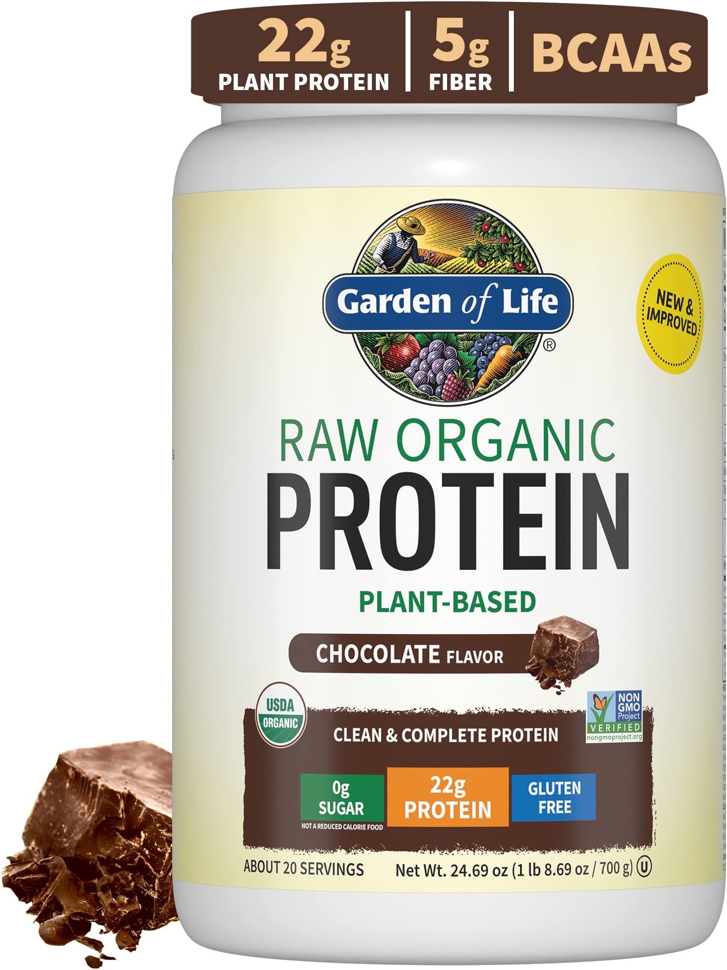 Garden of Life Protein Powder, Vegan Protein Powder, BCAA, Probiotics & Digestive Enzymes, Gluten & Lactose Free, Chocolate, 1.5 LB