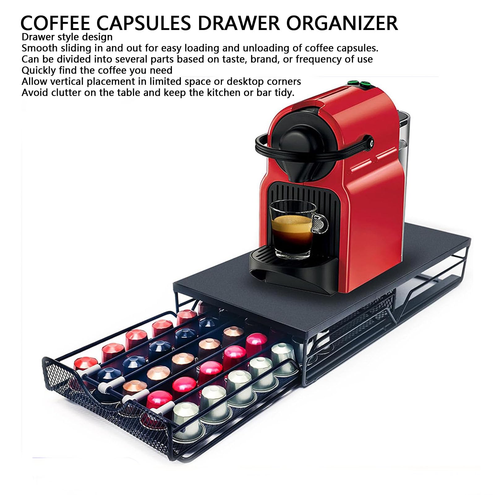 RIZGHWOY Portacapsule per caffè, Organizer per Cassetti di Grande capacità con Divisore Rimovibile, Design Scorrevole e Liscio per L'uso Al Bancone (BLACK)