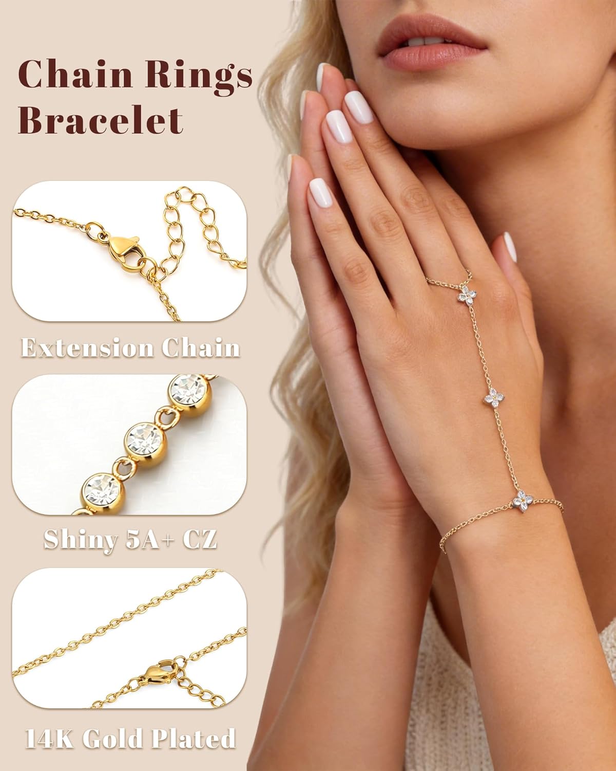 7 Pcs Hand Chain Bracelet for Women Gold Plated Dainty Stack Beaded Cubic Zircon Handchain Adjustable Ring Bracelet Hand Chains Set - Image 5