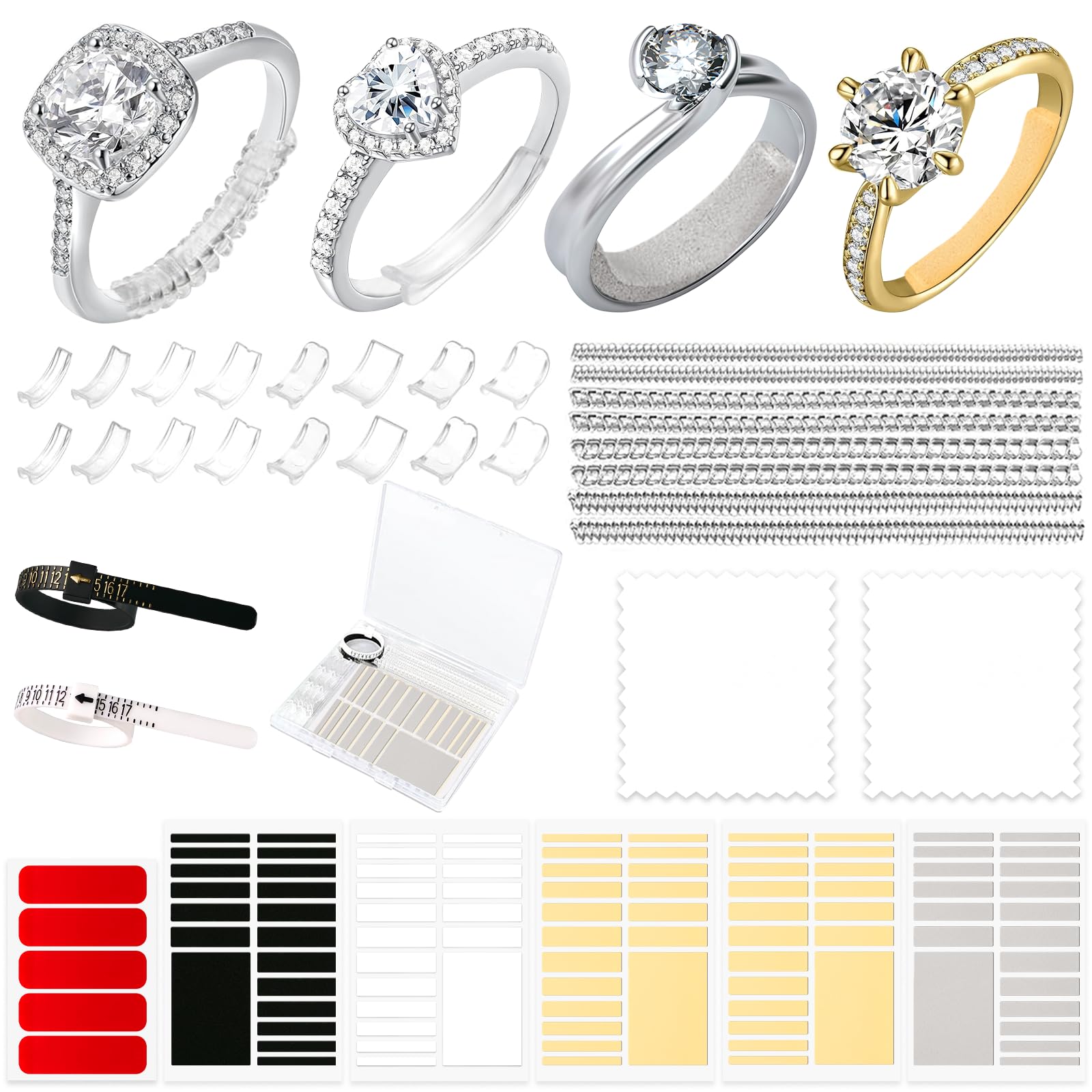Dapsang Ring Size Adjuster for Loose Rings, 119 Pcs Invisible Ring Guards Clear Ring Spacers EVA Sticker Tightener, 2 Ring Sizer Measuring Tools, 2 Polishing Cloth, Double-Sided Tape for Ring Snuggies
