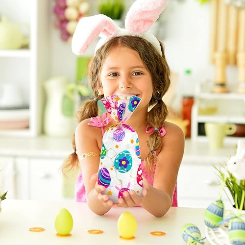 Miniatura 4 de GITMIWS 150 bolsas de celofán de Pascua, bolsas de dulces de regalo de Pascua con lazos para niños, suministros de recuerdos de fiesta (3 estilos