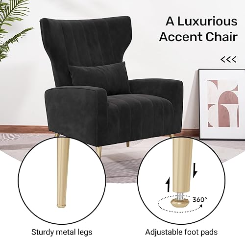 Miniatura 4 de Silla decorativa de terciopelo con respaldo alado para sala de estar, sillón de respaldo alto con patas doradas, almohada lumbar, sofá individual