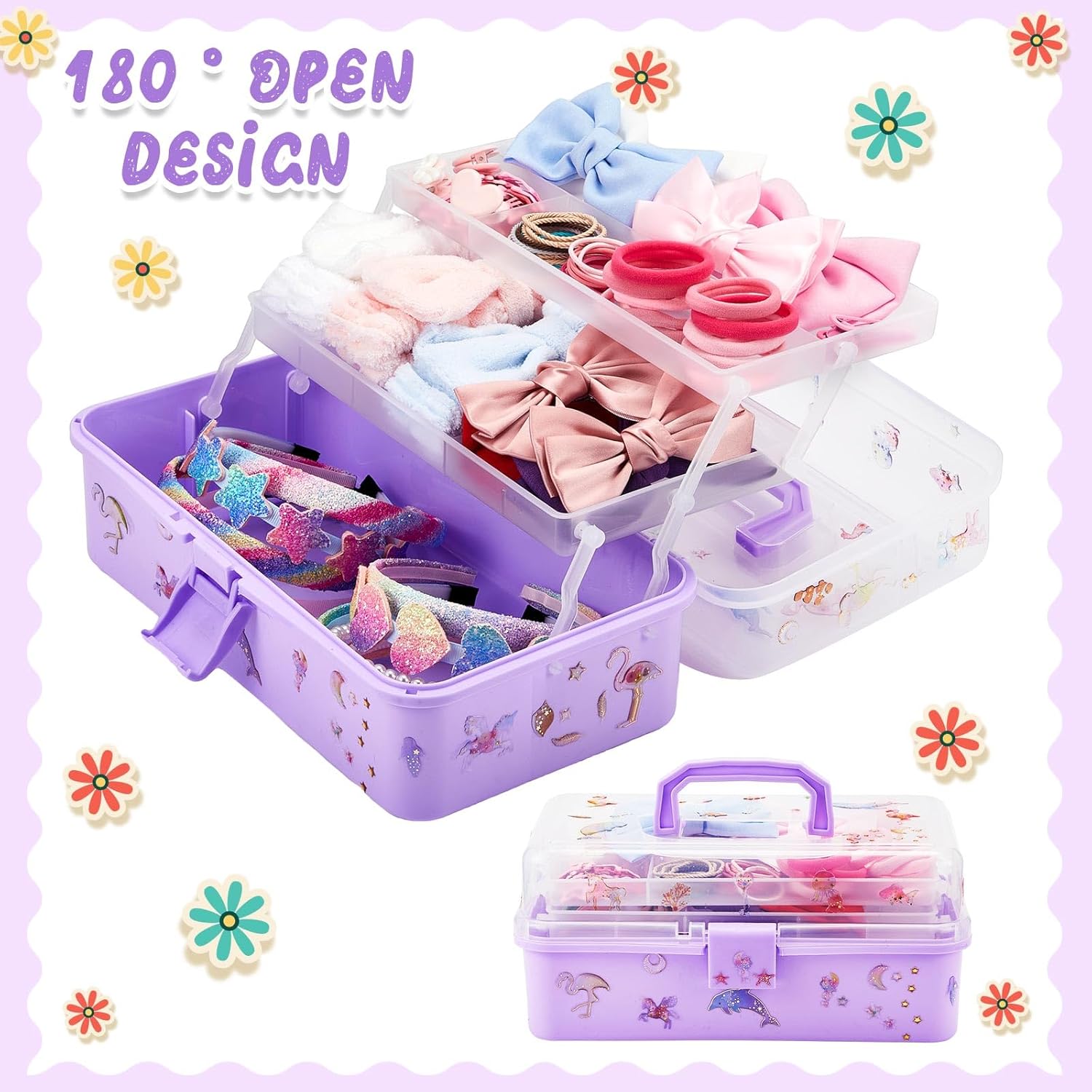 Ziliny 12.8 Inch Hair Box Organizer for Girls Hair Stuff 3 Layer Folding Art Craft Organizer with Handle Stickers Multipurpose Plastic Tool Box for Headbands, Clips, Ties, Sewing, Art Supply, Medicine