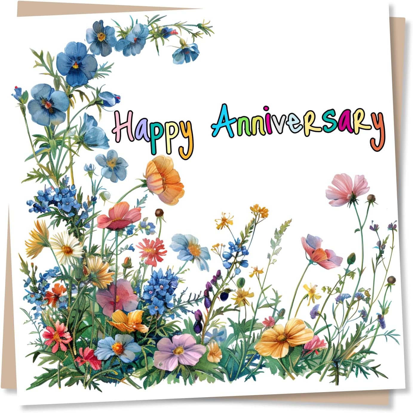 Happy Anniversary Greeting Card โ Wildflower Design โ Colourful Floral for Husband, Wife, Girlfriend, Boyfriend, Partner โ Blank Inside (135 x 135 mm) โ Made in UK โ With Envelope