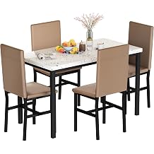 Lamerge Faux Marble Dining Table Set for 4 People with 4 PU Leather Chairs Kitchen & Dining Room 5 Piece Set Small Kitchen Table and Chairs for Dining Room Kitchen, White & Khaki
