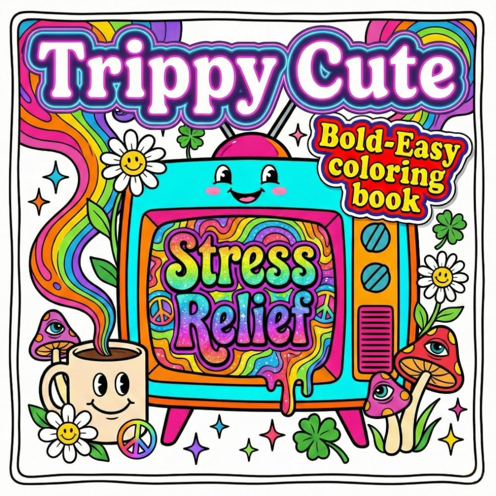 Trippy Cute: Bold and Easy | Groovy Coloring Book for Adults | 90s and Y2K Inspired Psychedelic Art Featuring Peace Signs, Melting Mushrooms, Kawaii ... Retro Vibes for Stress Relief and Relaxation