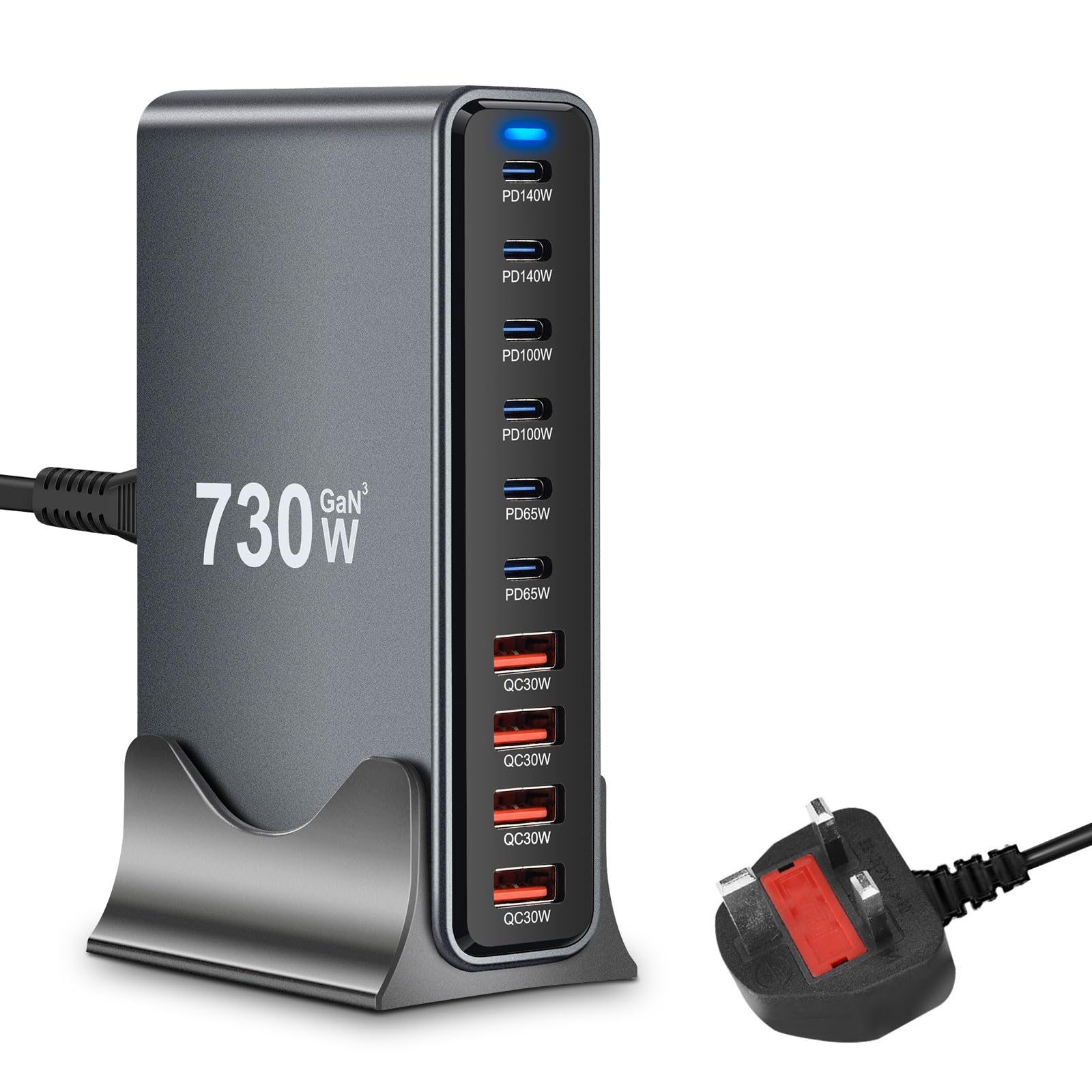 PD140w GaN 3 - Caricatore USB C da 730 W, 10 porte, con 6 porte USB C + 4 porte USB A, per MacBook Air, iPad, iPhone 17/16/15/14, Galaxy S25