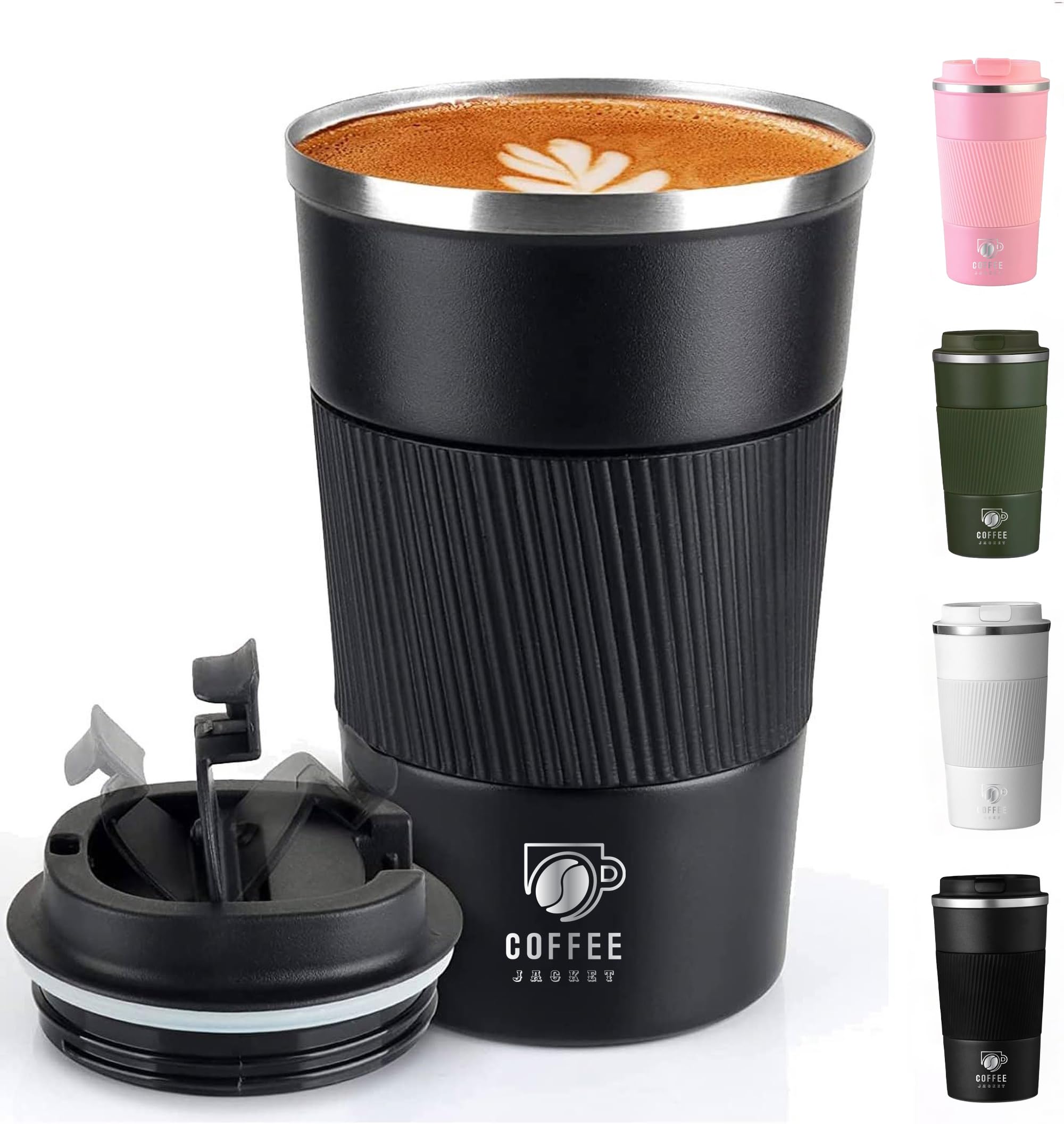 Coffee Jacket Travel Mug 510ml – Insulated Stainless Steel Reusable Coffee Cup with Leakproof Lid – Thermal Mug for Hot & Cold Drinks, Fits Car Cup Holders (Jet Black)