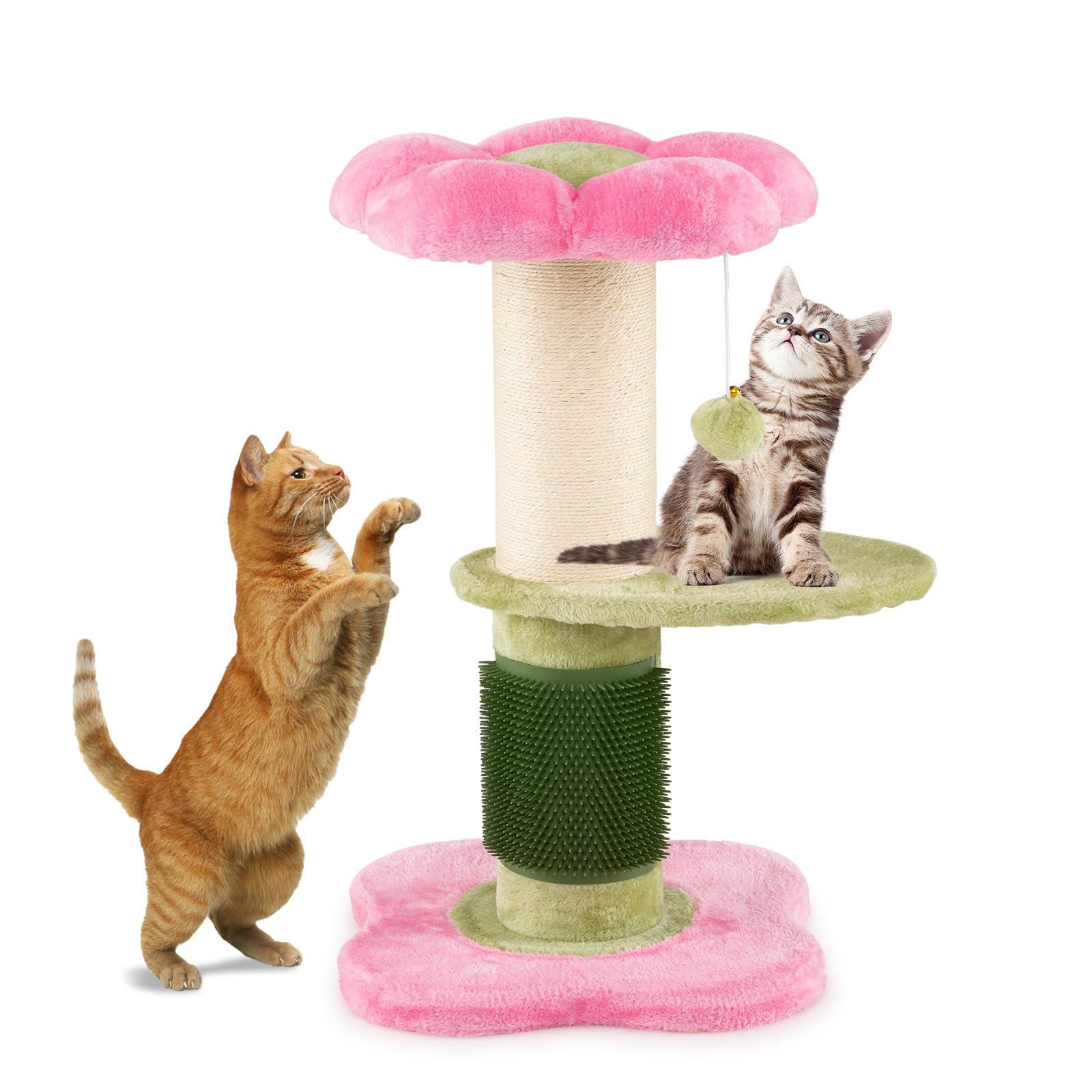 GOPLUS Árbol para Gatos de 69 CM de Altura, Pequeña Torre para Gatitos en Forma de Flor con Percha de Felpa Acolchada, Rascador de Sisal, Pelota Colgante y Cepillo, Parque para Mascotas (Rosa)