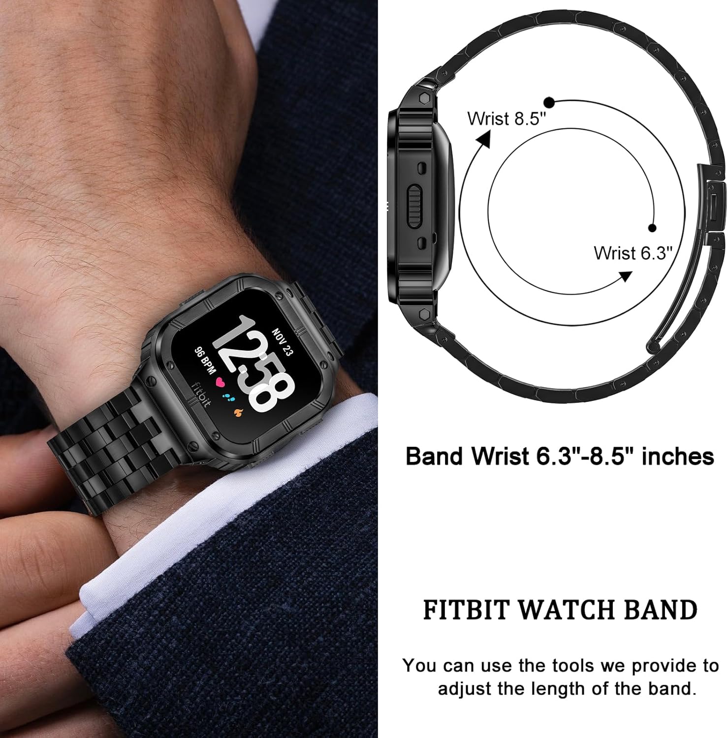 SUPLINK Stainless Steel Case & Band Compatible with Fitbit Versa 4/3/2 Bands, Protector Cover Strap for Fitbit Sense/Versa Lite Bands, Black