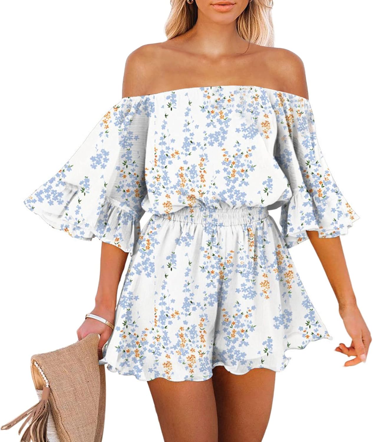 Fixmatti Women Boho Summer Romper Casual Floral Print Off Shoulder Strapless Shorts Jumpsuits