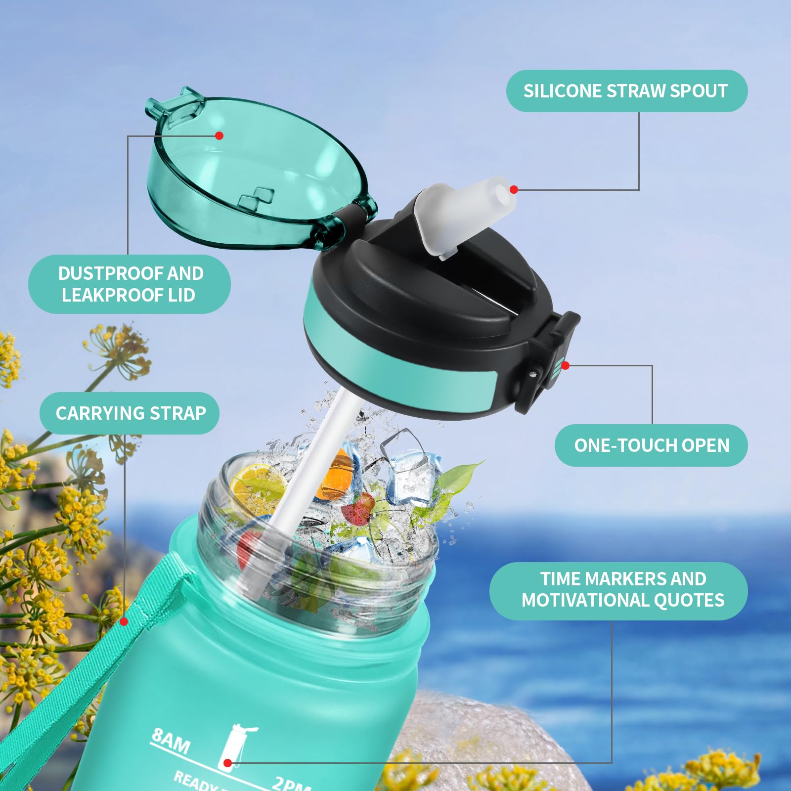 Borraccia Sportiva 1L, Borraccia con Cannuccia, a Prova di Perdite, Facile Pulizia, Bottiglia Acqua Motivazionale con Indicatore del Tempo, per Campeggio, Ciclismo, Scuola, Ufficio, Lavoro, Gym