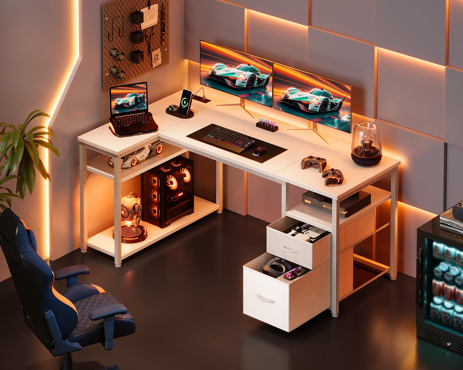 Coleshome Schreibtisch mit 2 Schubladen und Regal, 140×80 cm Eckschreibtisch mit Stauraum und Steckdose, Umkehrbarer Gaming Tisch für Homeoffice & Familienecke, Weiß