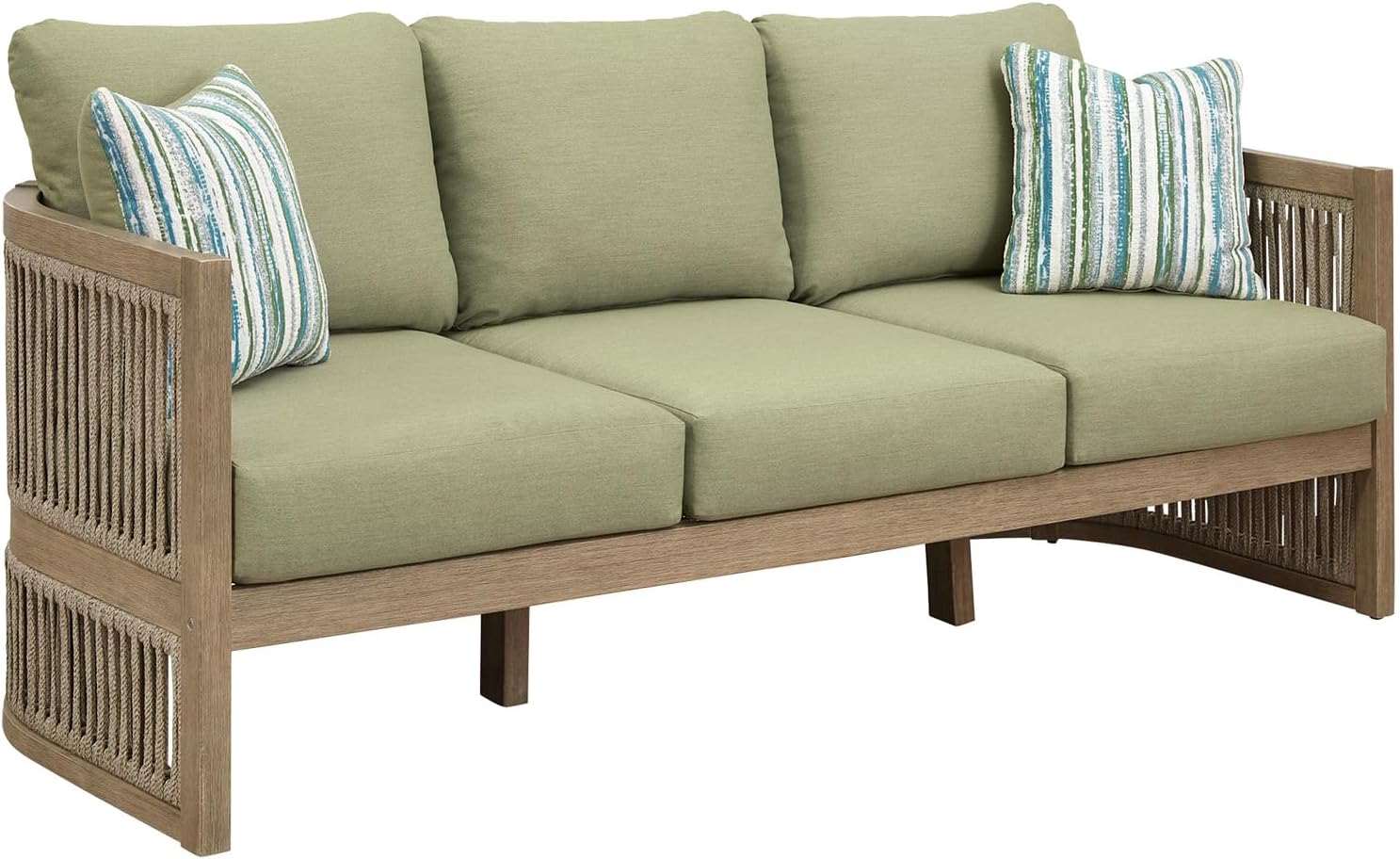 Signature Design by Ashley Eucalyptus Outdoor Sofa, 3-Seater Patio Couch | Green Nuvella fabric, Polyester rope open-weave back, Contemporary style, Stainless steel hardware, Palamino Falls