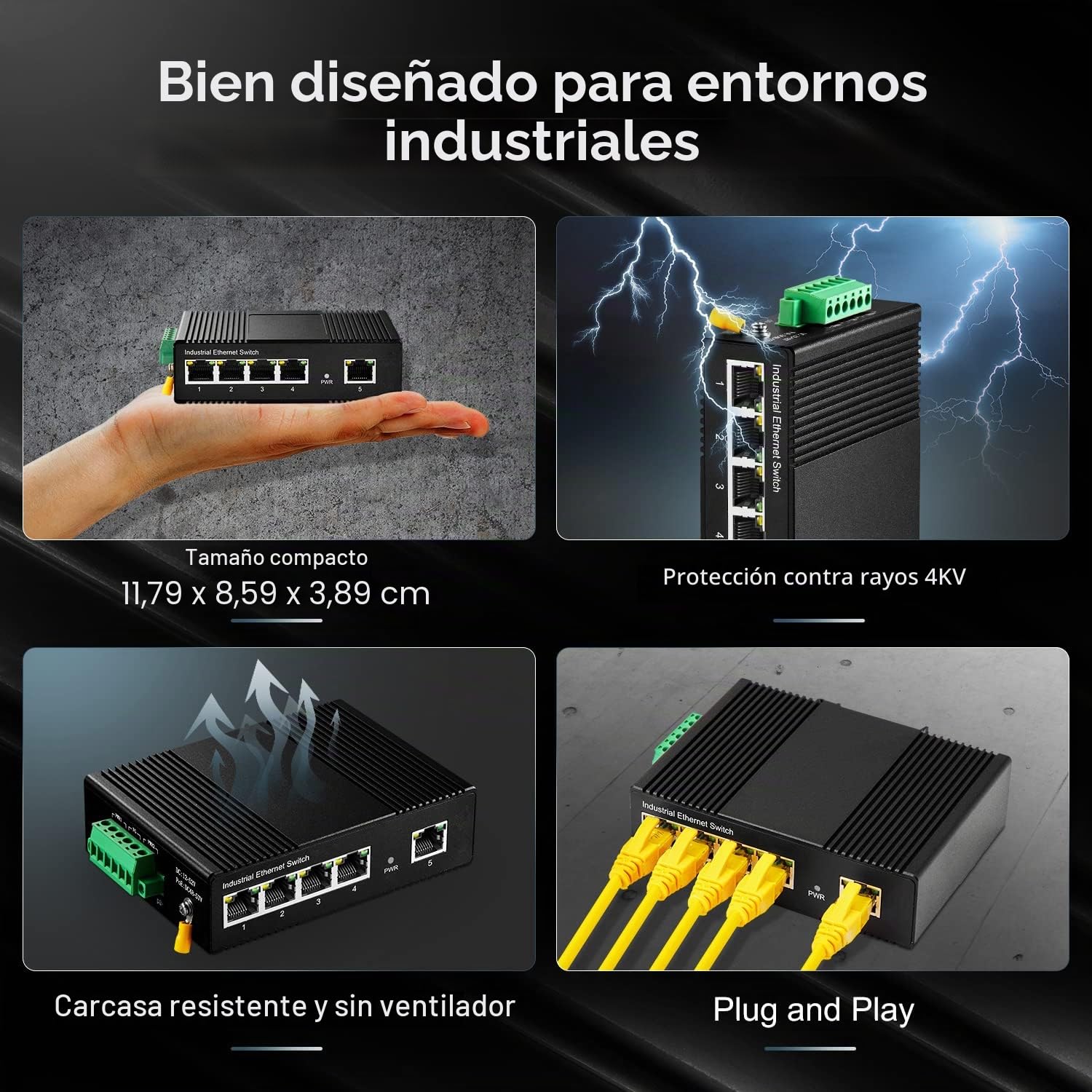 Binardat Switch Ethernet Industrial de 5 Puertos PoE de Carril DIN, 4 PoE IEEE802.3af/at, 1 Enlace Ascendente, 10/100 Mbps, Montaje en Pared sin Ventilador, con una Fuente de alimentación PoE de 60W
