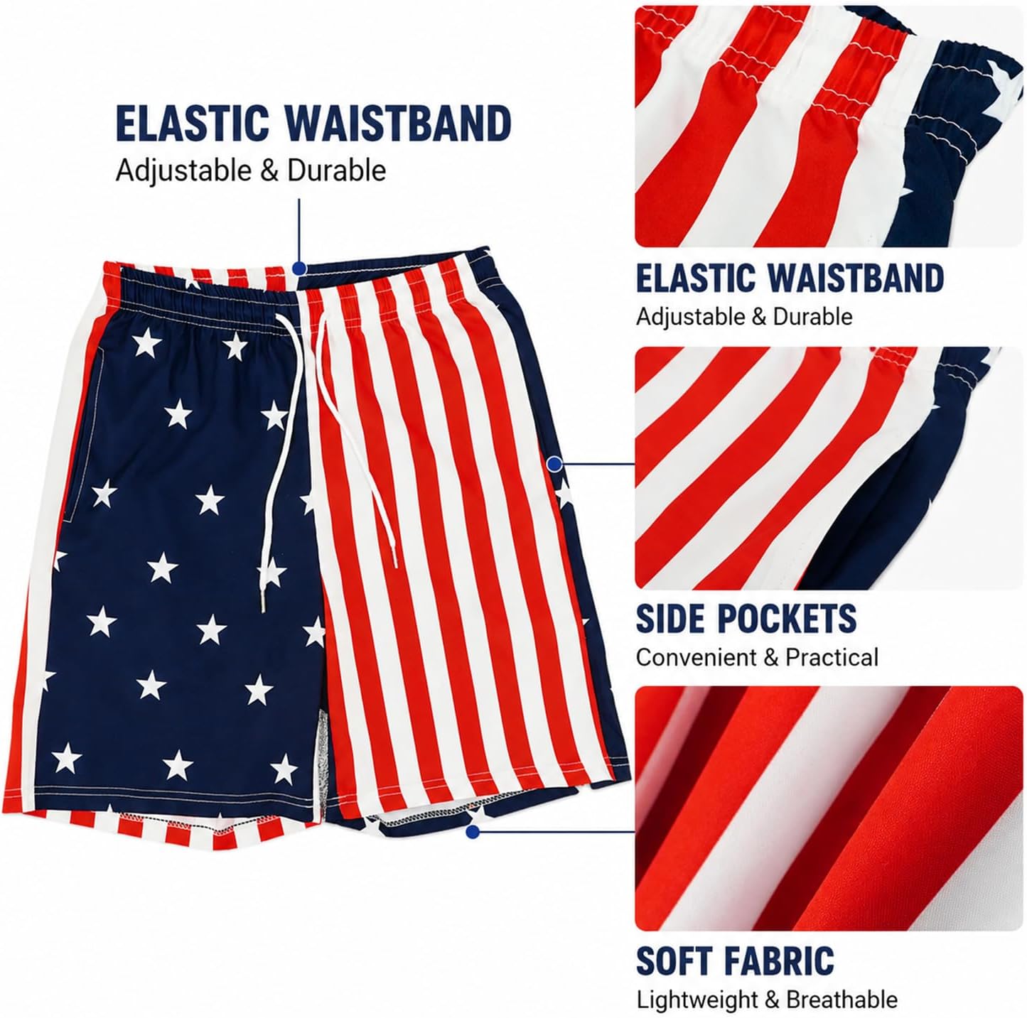 Men's American Flag Shorts 4th of July Summer Board Shorts with USA Flag Cape Sunglasses Sweatband Wristbands Socks