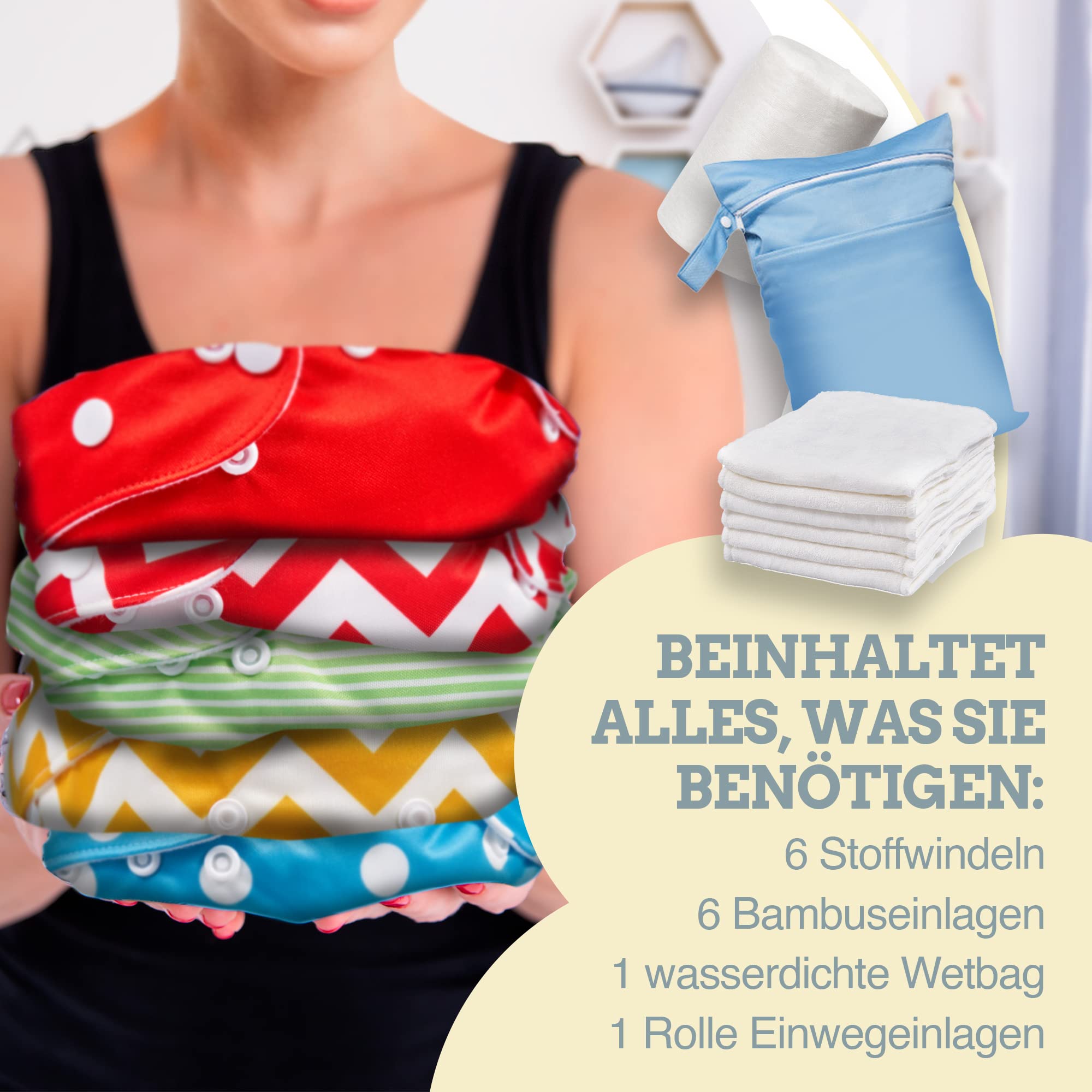 Set aus 6 wiederverwendbaren Windeln - Waschbare Stoffwindeln + 6 Windeleinlagen aus Bambus + 1 Rolle mit 100 abwaschbaren Windeltüchern + Feuchttasche - Mehrwegwindeln