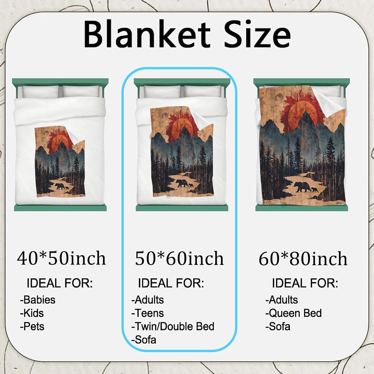 Rustic Bear Flannel Blanket,Forest Mountain Sunset Throw with Wildlife,Vintage Wood Texture Look,Lightweight Fleece Blankets for Nature Lover,Couch,Cabin,Bed,Camping Decor Gifts,8060in